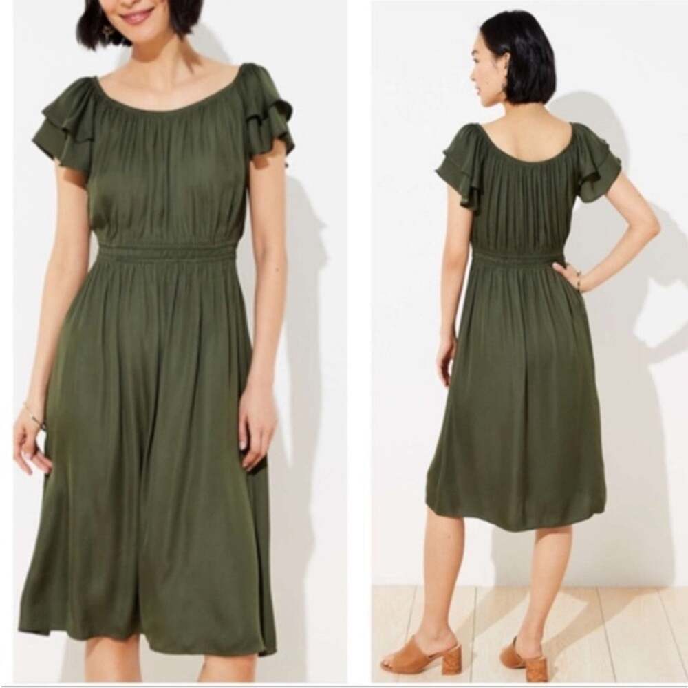 NWT Loft Solid Green Blouson Airy Midi Dress Size 16